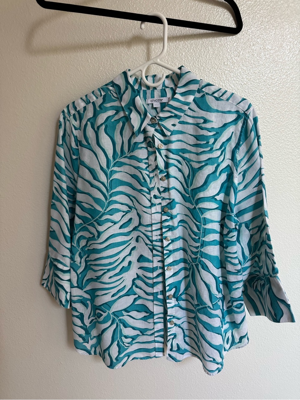Chico's Teal and White Wave-Print Button-Down Shirt